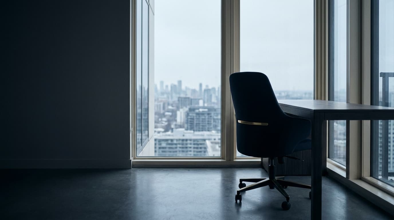 Ruhiger, präziser Remote-Arbeitsplatz mit Blick über die Stadt