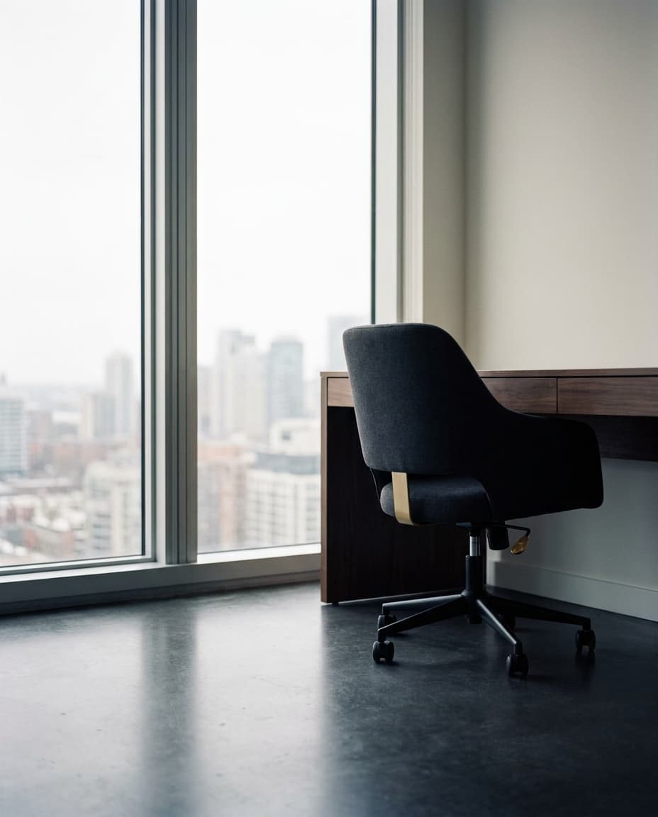 Ruhiger, präziser Remote-Arbeitsplatz mit Blick über die Stadt